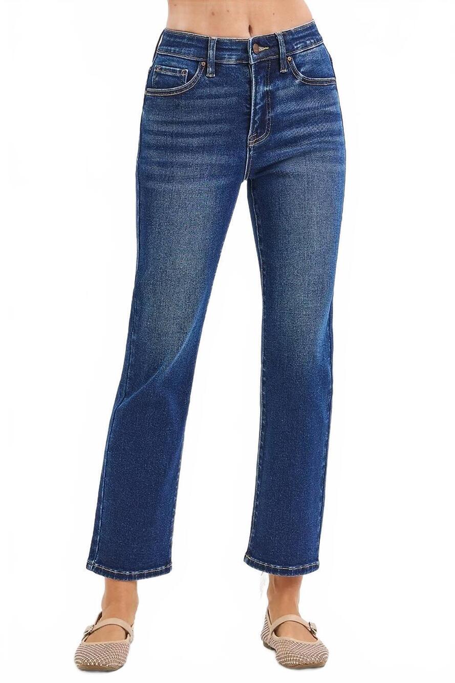 NEW RISEN tummy control high rise crop straight pants - plus in medium wash